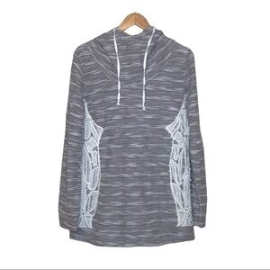 Vanity Hooded Sweater Size L Lace Overlay Long Sleeve‎ Pullover Taupe Striated